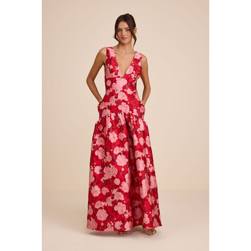 Lulus Valna Red Floral Jacquard Drop Waist Maxi Dress - Size M